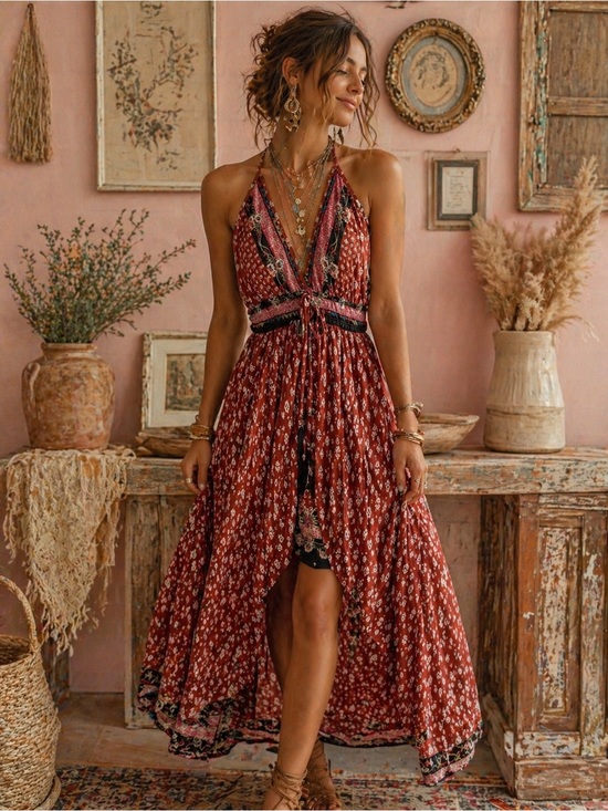 Angie Dresses & Skirts - Anthropologie Angie Bohemian Rust Floral Halter Maxi Dress